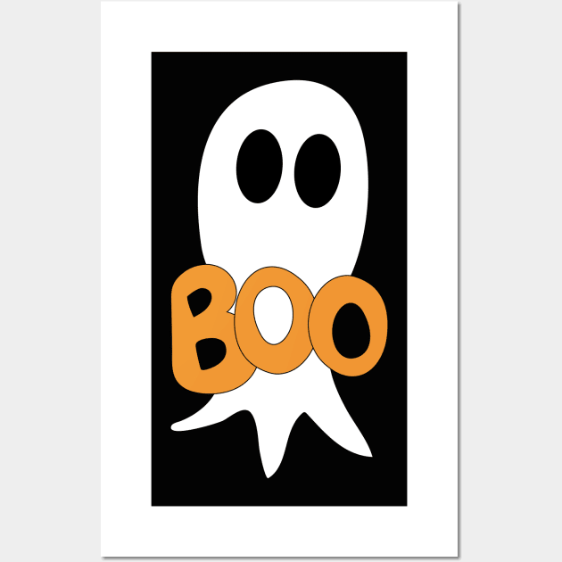 Cute Halloween ghost cartoon with BOO text Wall Art by Angel Dawn Design